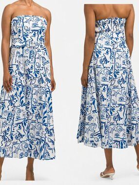 Rachel Zoe Blue and White Strapless Printed Midi Dress NWT